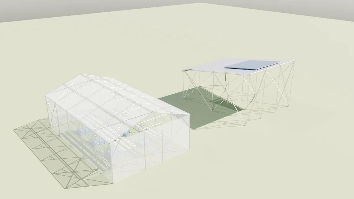 Render of the greenhouse and the pergola