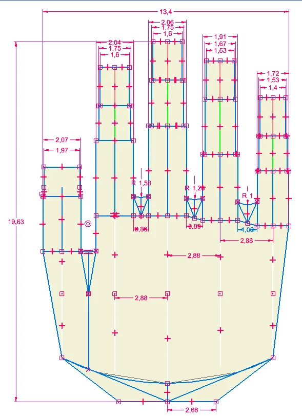 Outline of the hand built on the measurements